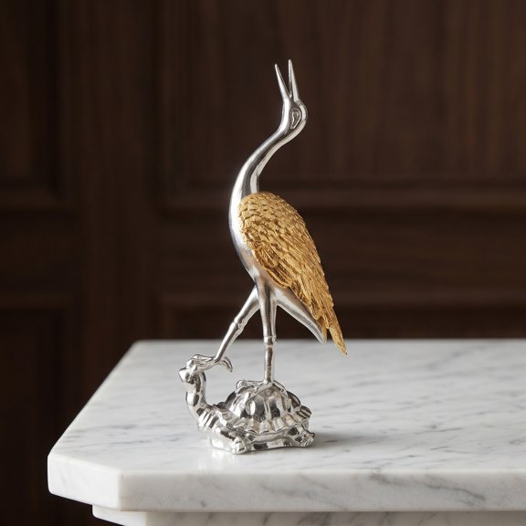 COMPUKAS Plated Silver Metal Crane Desktop Ornament for Home Decoration 1Pc