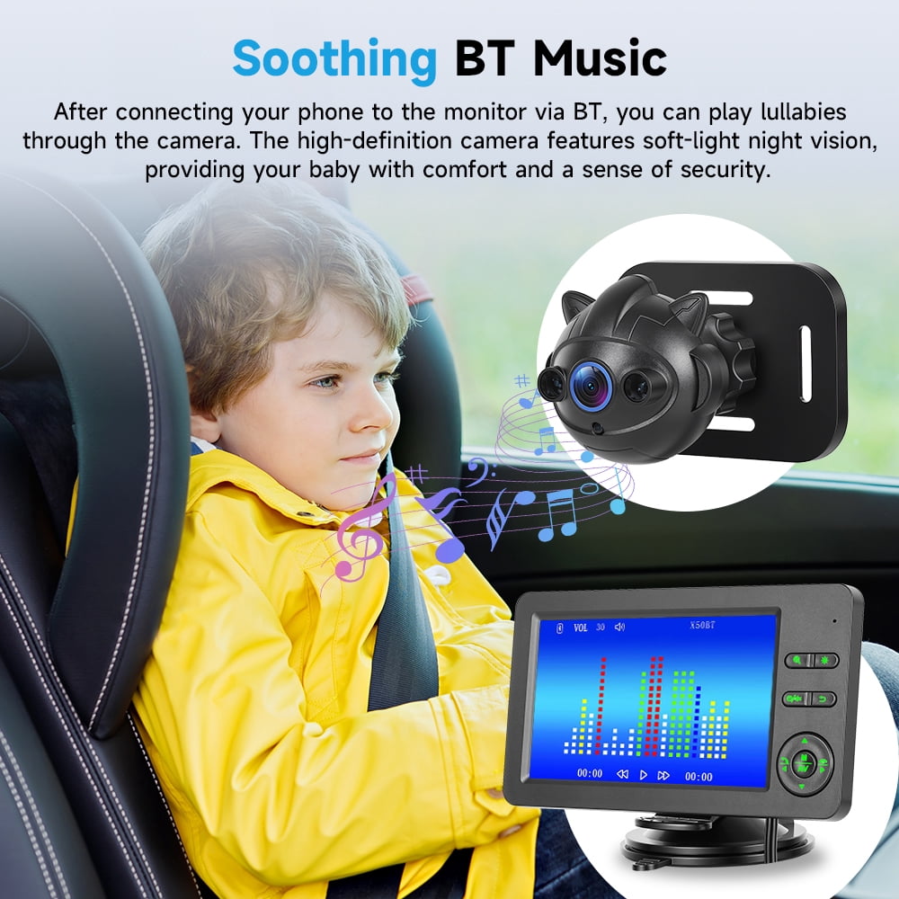 Podofo 4.3 inch Rear Seat Baby Monitor with HD 720P Infrared Night Vision Wide-Angle Lens TN Screen Camera with Bluetooth Music