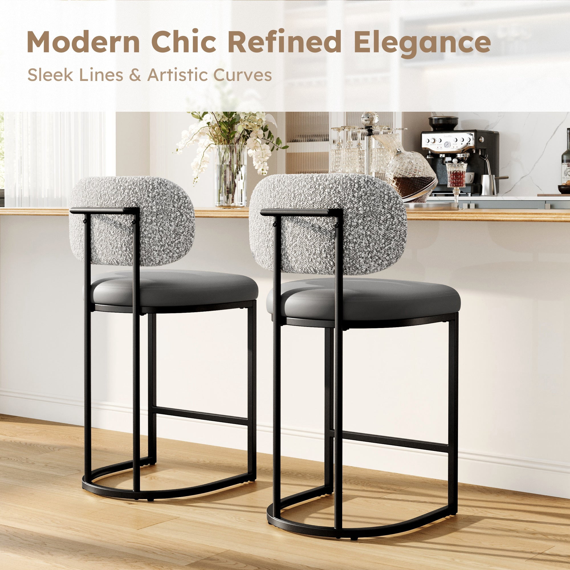 MF Studio Counter Height Bar Stool with Back Set of 3, 24.8" Modern PU Upholstered Bar Chair with Large Chenille Back and Metal Frame, Gray