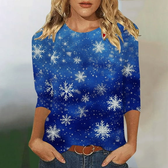 LEKWK Christmas Shirts for Women 3/4 Sleeve Xmas Tree Crew Neck Tops Merry Shirt for Women Vintage Christmas Sparkle Tops for Women