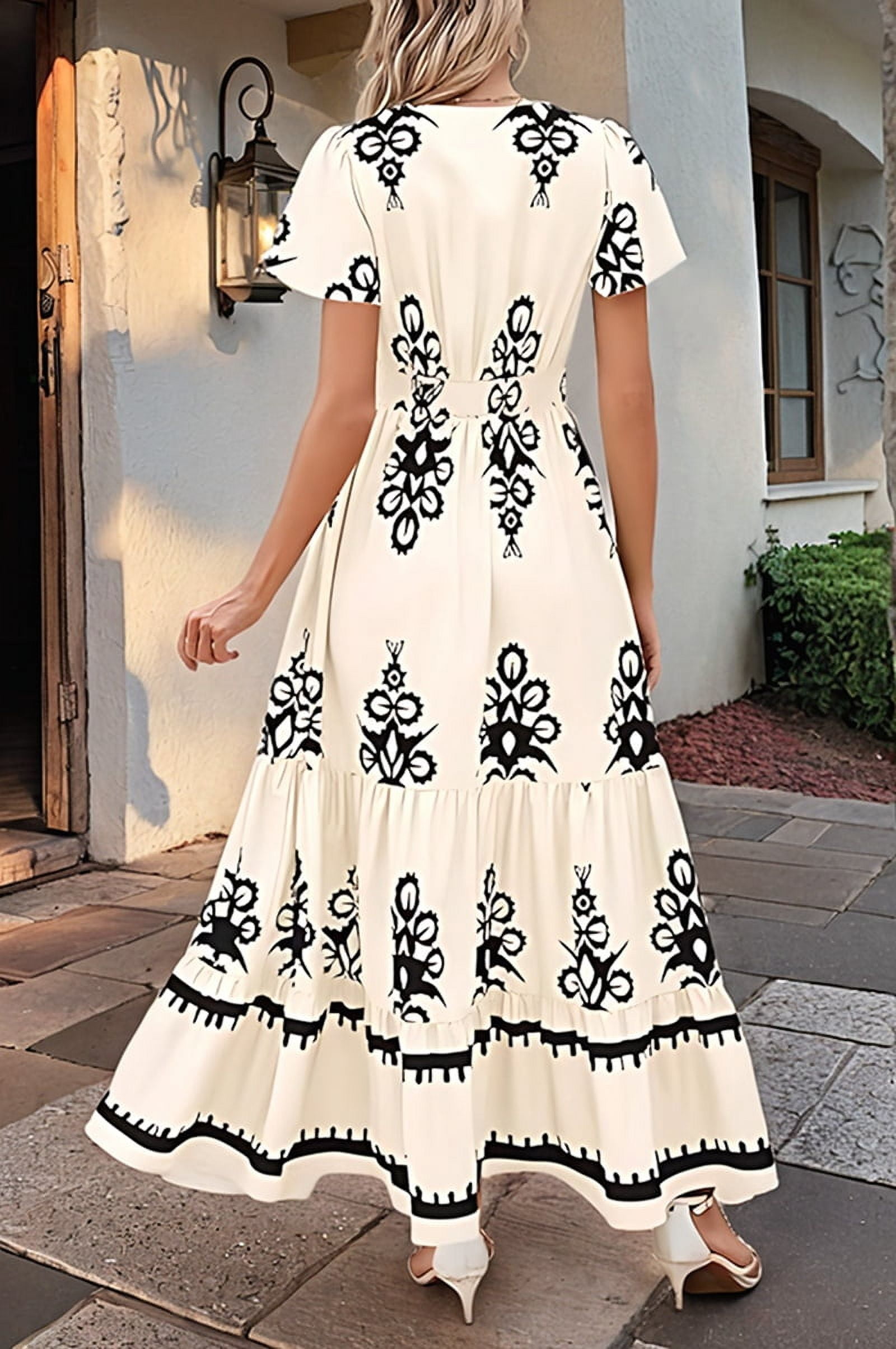 Womens 2025 Summer Casual V Neck Boho Maxi Dress Flowy Aline Bell Sleeve Tiered Floral Dresses with Pocket S