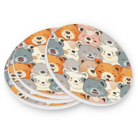 

Round Coasters Modern Style Ceramic Coaster Waterproof and Durable Drink Coaster Coasters set of 4 Customizable Coasters 4pcs Cute Cartoon Bears