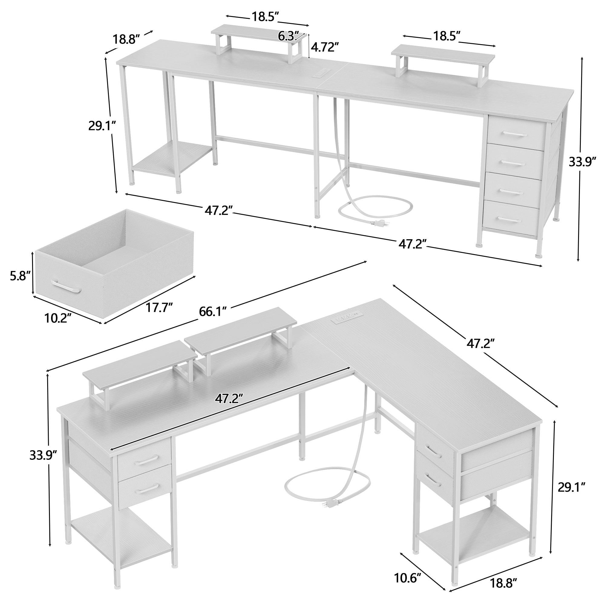 Satifur 66" L-Shaped Desk with Power Outlets, 4 Fabric Drawers & 2 Monitor Stands, Convertible Two Person Home Office Desk,White