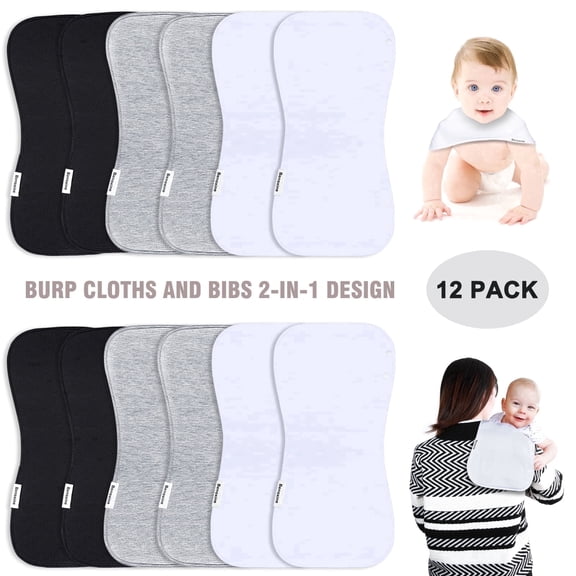 2-in-1 Baby Bibs & Burp Cloths Set, 3-Layer Design, Large Size, Super Absorbent, 100% Organic Cotton, Soft & Comfortable，12-Pack