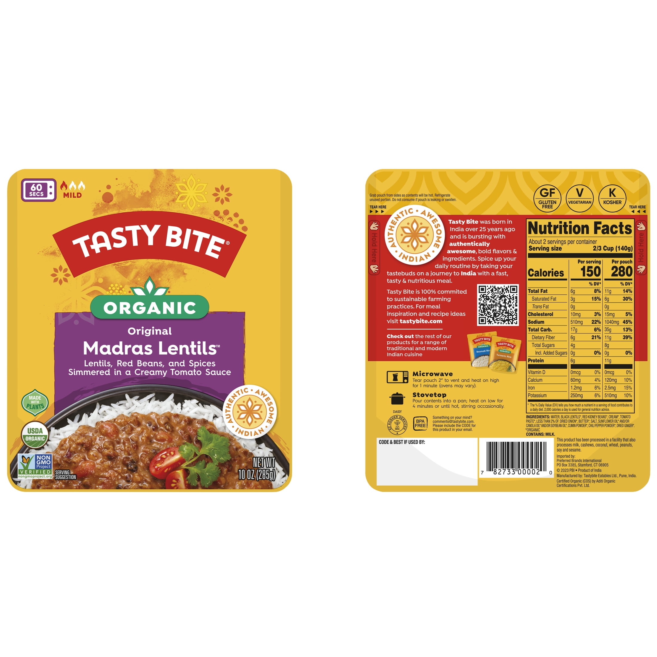 TASTYBITE Organic Madras Lentils Family Size - 17.6 Oz Ready-to-Eat Indian Meal