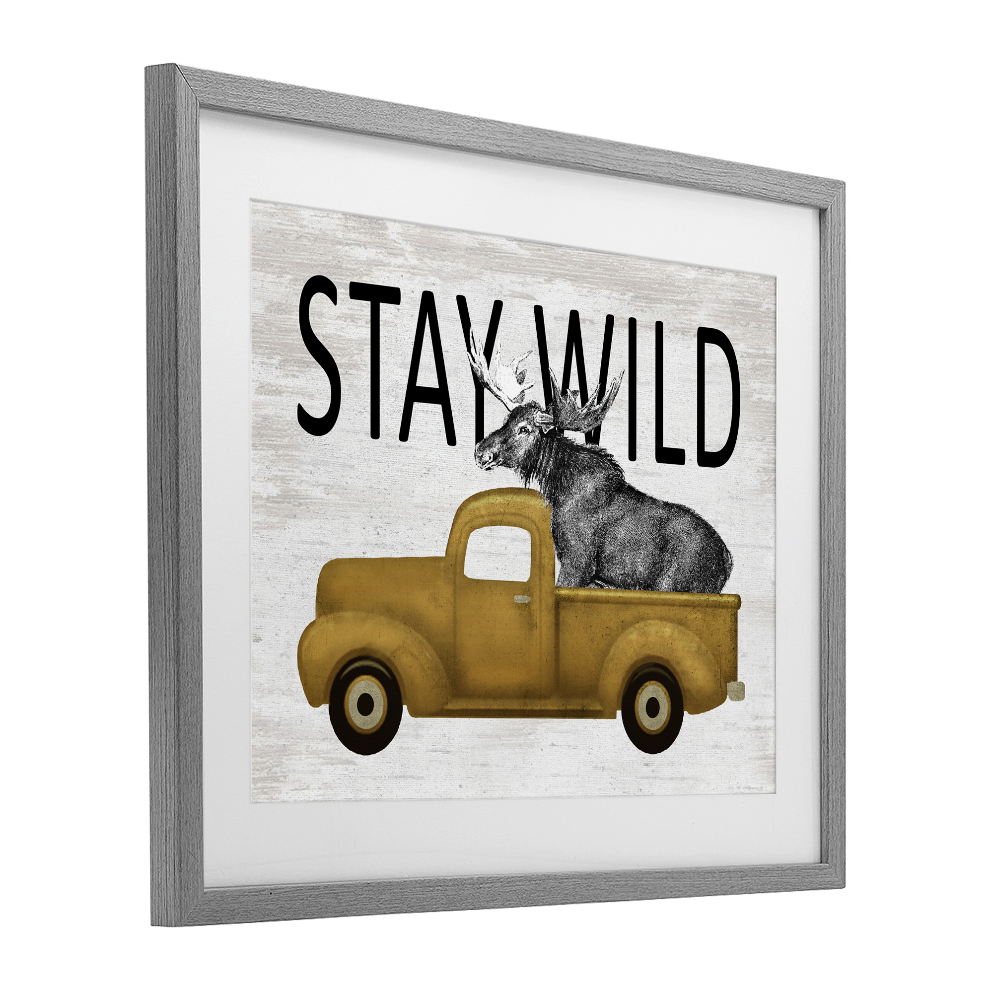 Stay Wild Moose Truck Gray Framed Print Under Glass, design by Lettered and Lined
