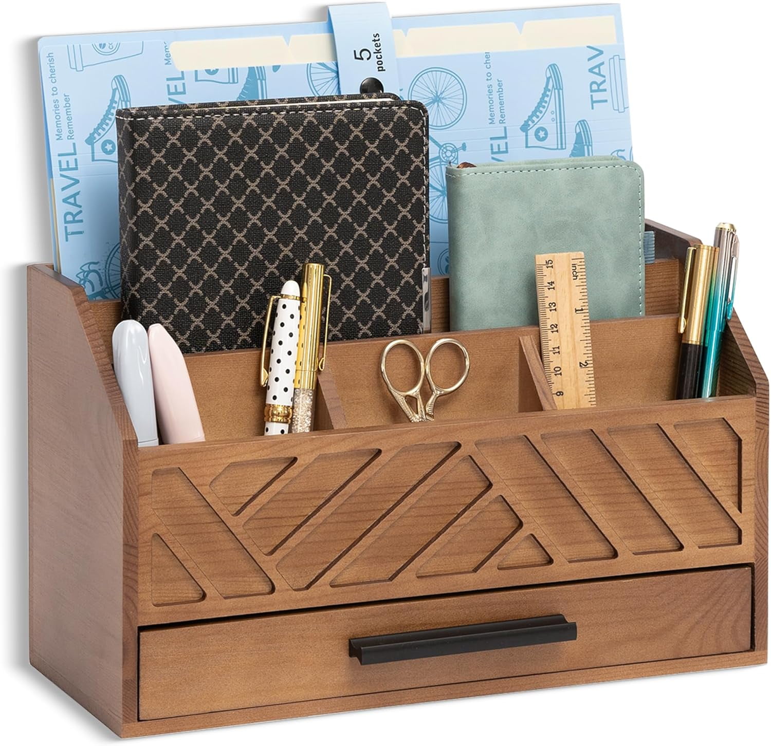 Pink Wood Desk Organizer and Accessories with Drawer, Bill Mail Organizer and File Mail Holder for Office Supplies, Modern Desk Accessories & Workspace Organizers for Desk Organization