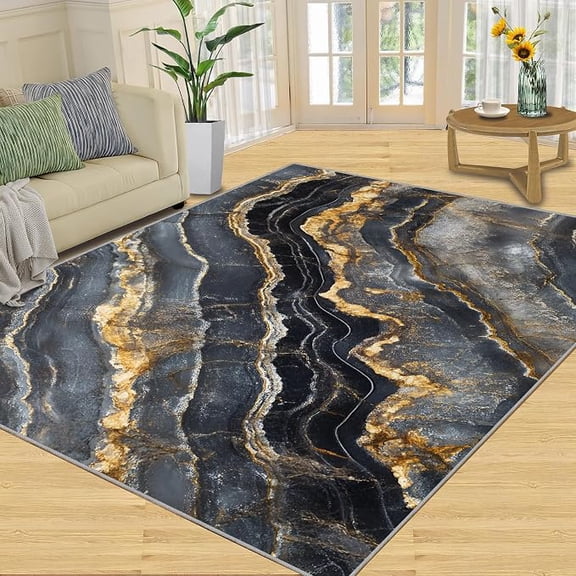 Marble Rug for Living Room - Golden Texture Area Carpet, Soft Washable Non Slip Black and Grey Rugs & Home Decor 5 x 7ft