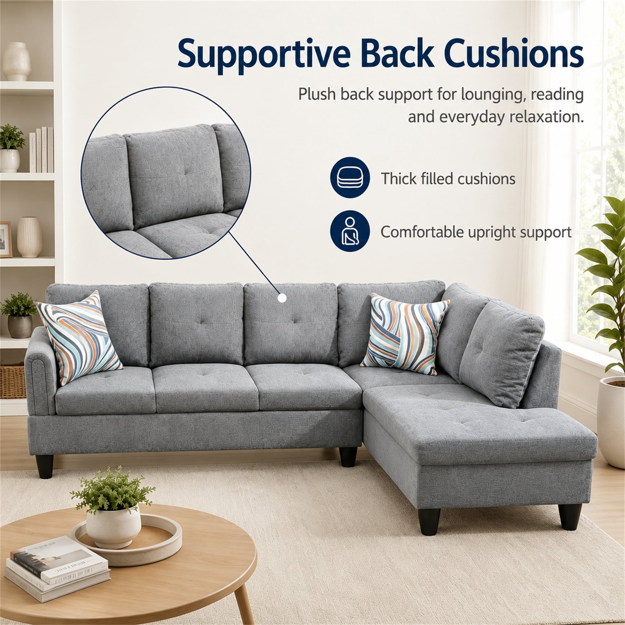 Aukfa 97" Classic Sectional Sofa 4 Seat L shape Couch with Oversized Right Chaise for Living Room, 2Pillows, Linen, Gray