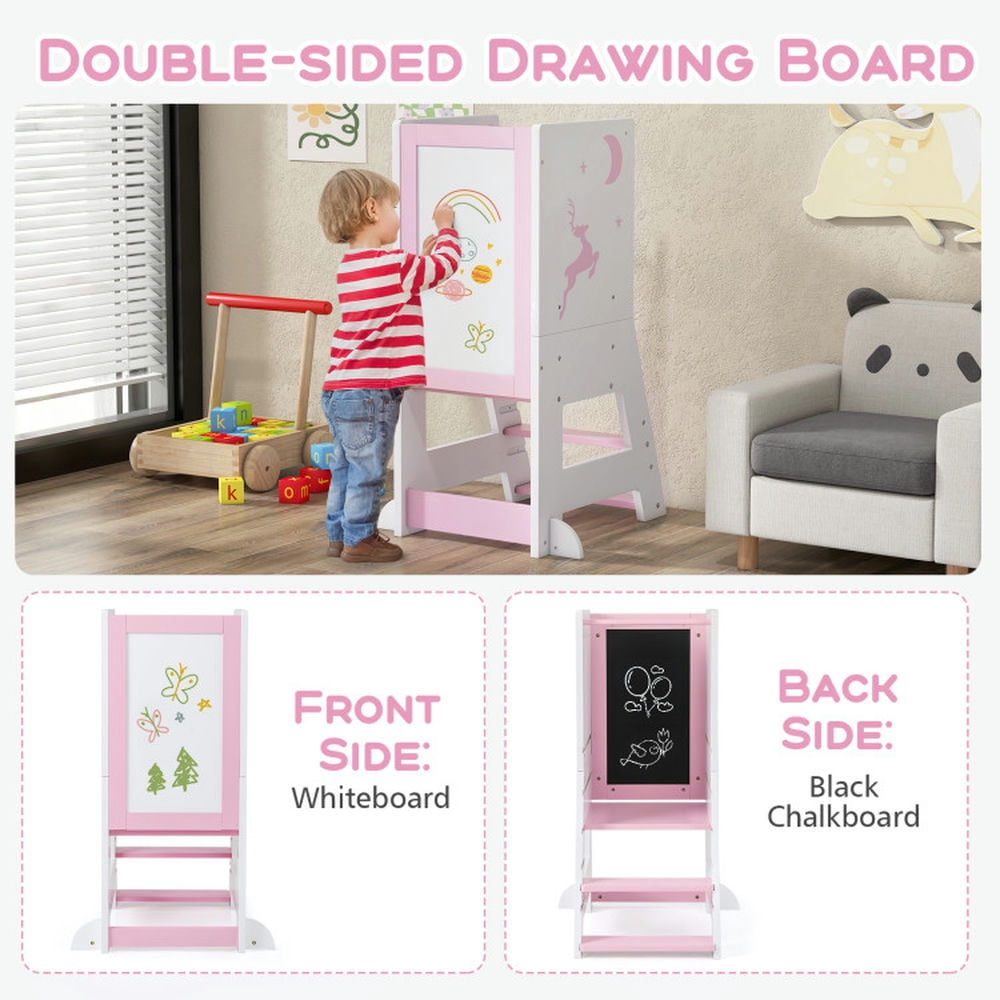 Kadyn Kids Kitchen Step Stool, Toddler Kitchen Stool Helper, Toddler Kitchen Stool Helper Baby Standing Tower with Chalkboard and Whiteboard-Pink