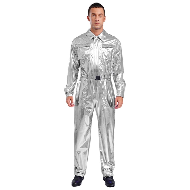 ソキウス　シャイニーシルバー SiiRoh Metallic Shiny Coveralls for Men Long Sleeves Turn Down