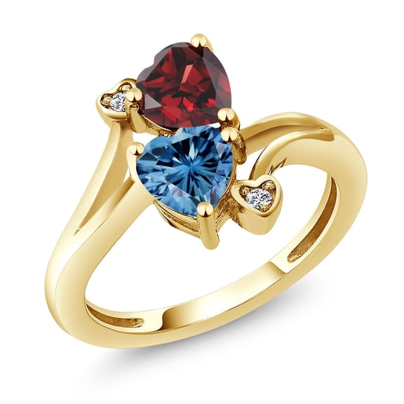 Gem Stone King 18K Yellow Gold Plated Silver Red Garnet Persian Blue Moissanite and White Diamond Ring for Women (1.83 Cttw, Heart Shape 6MM, Gemstone January Birthstone, Size 7)