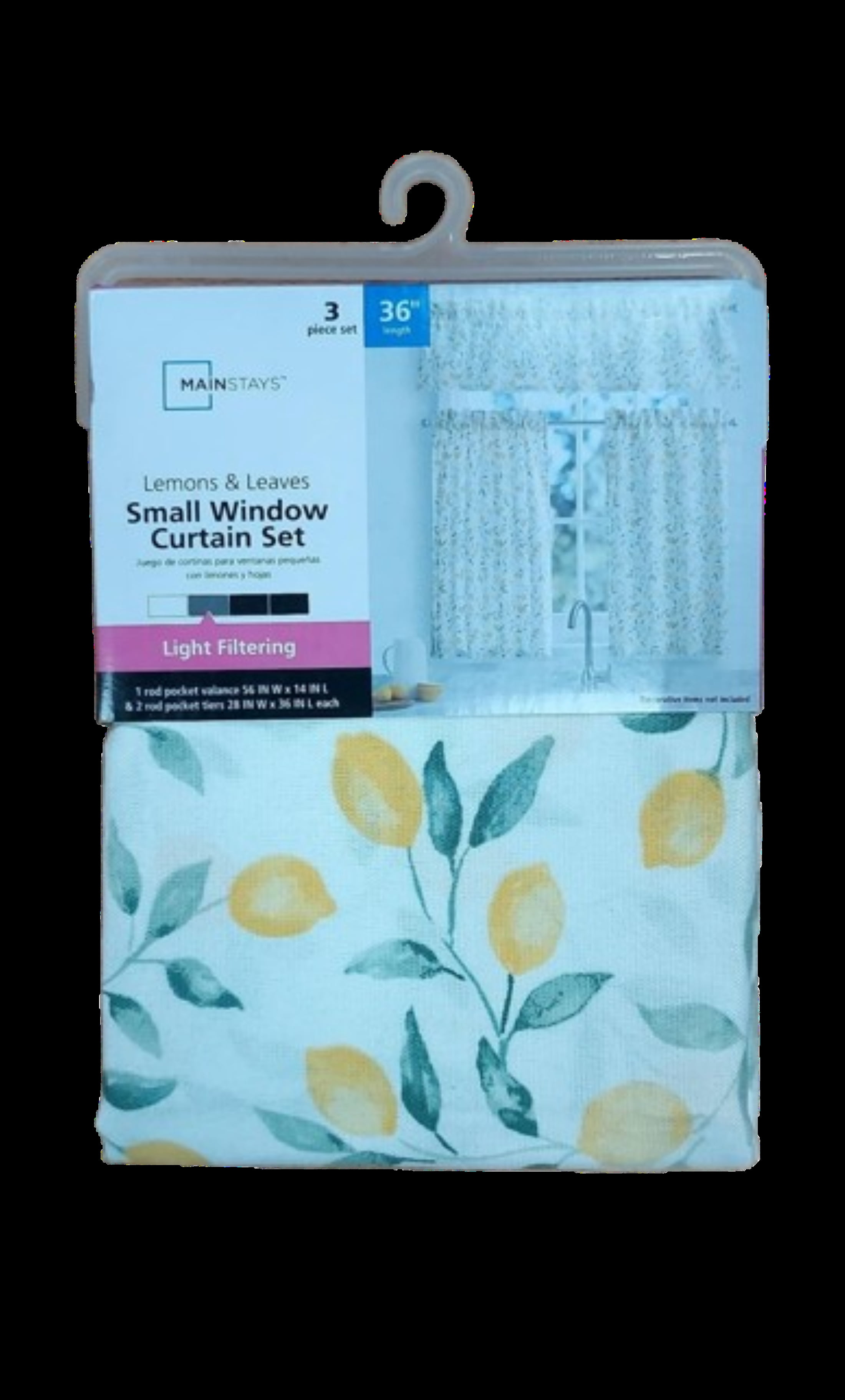 Mainstays 3 Piece Printed Tiers and Valance Set - Lemons and Leaves Yellow, Recycled Polyester, BCI Cotton, 56"W x 14"L, Indoor Curtain, Adult