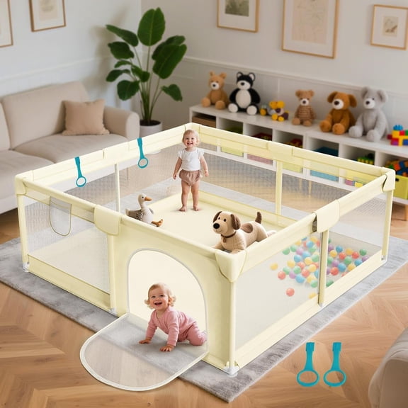 Large Baby Playpen 64"x64" for Toddlers and Babies, Indoor & Outdoor Safety Play Yard with Soft Breathable Mesh & External Zipper Door, Beige