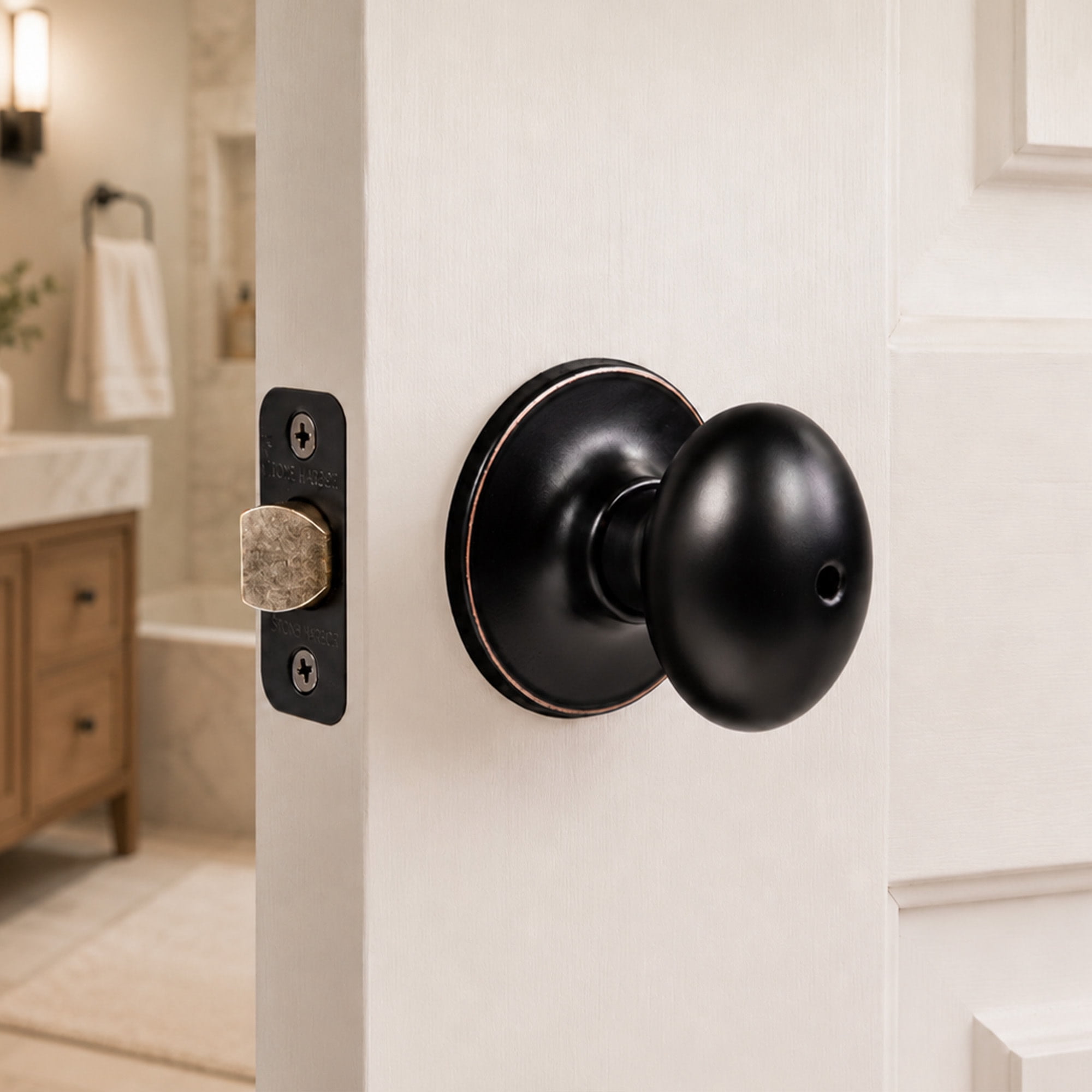 Oil Rubbed Bronze Egg Privacy Door Knob with Turn-Button Lock for Bed and Bath, Adjustable Latch