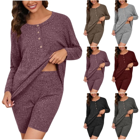 Swuxness Pajama 2-Piece Set for Women Long Sleeve Top with Shorts Drop Shoulder Homewear