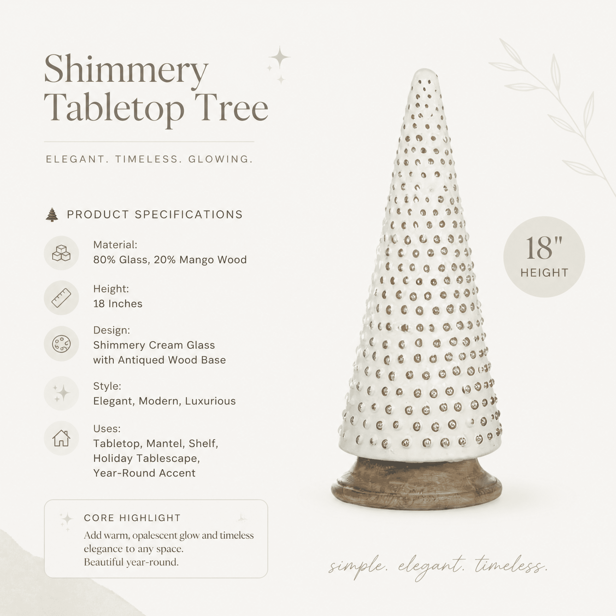 Shimmery Cream Glass Tabletop Christmas Tree 18 Inch with Wood Base Holiday Decor