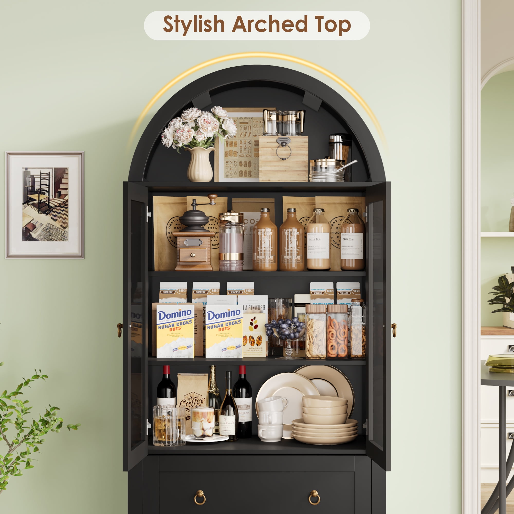 Hiphuta 70" Tall Arched Kitchen Pantry Storage Cabinet with Glass Doors, Freestanding Modern Farmhouse Hutch Cupboard with 2 Large Drawers, for Kitchen Dining Room, Black