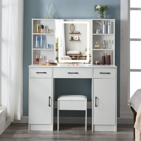 Yamissi Vanity Desk with Lighted Mirror, Large Makeup Vanity with 3 Drawers, Modern Dressing Table Vanity Set and Stool, White
