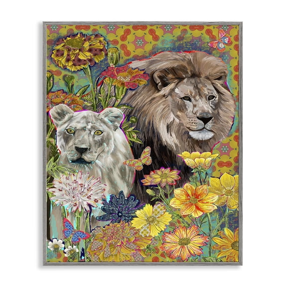 Stupell Industries Bohemian Lion Couple Behind Tropical Florals Arabesque Pattern Gray Framed Giclee Art, 11 x 14, by Sangita Bachelet