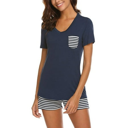

FYCONE Pajama Set Striped Short Sleeve Top +Shorts Sleepwear Pjs Sets Ladies Casual V Neck Nightwear Loungewear