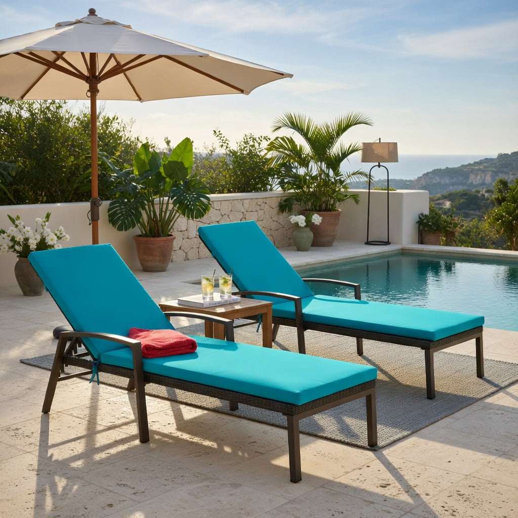 Hommoo 2-Pack Adjustable Outdoor Lounge Chairs with Removable Cushions, Steel Frame, Weather-Resistant PE Rattan, 5-Position Reclining Backrest, Turquoise