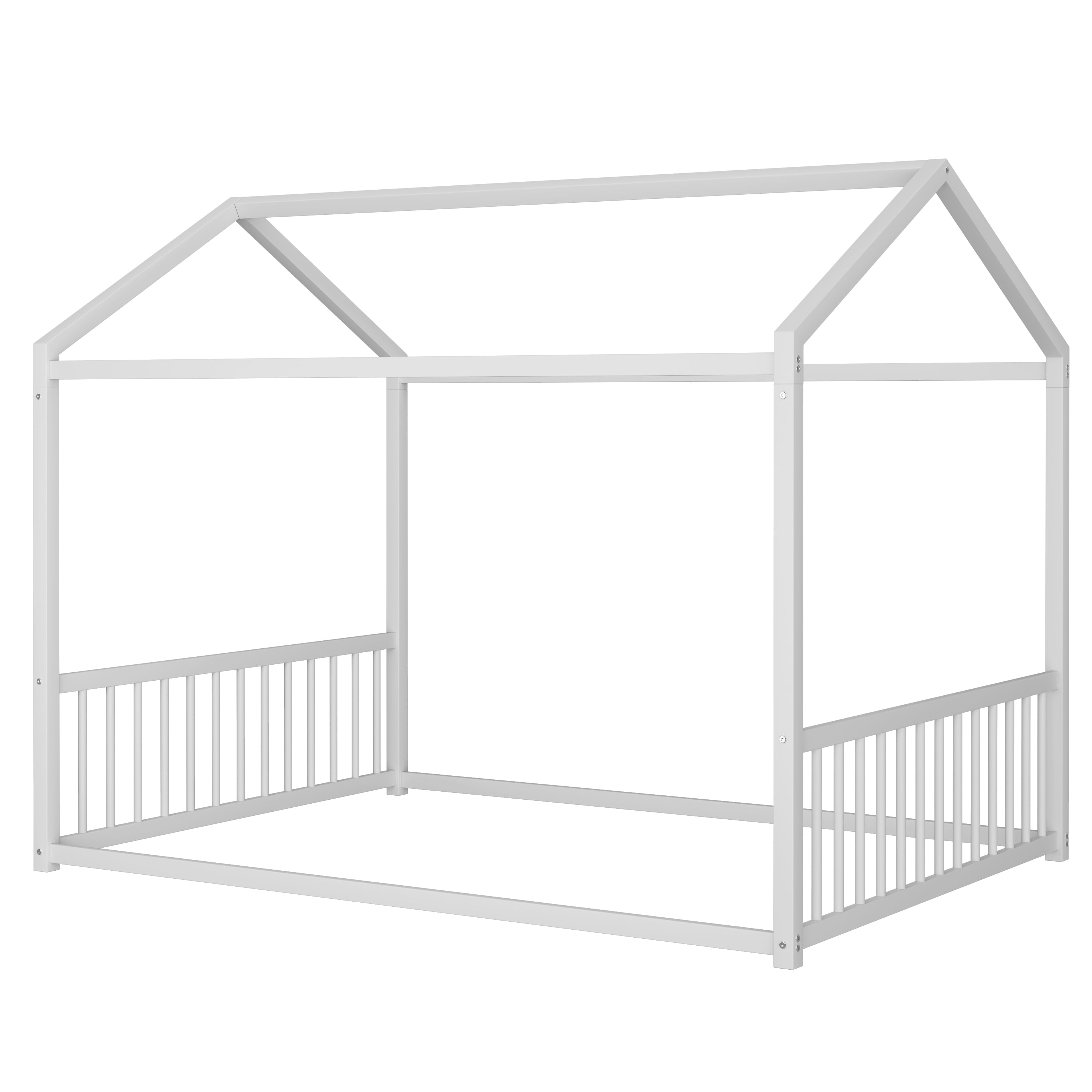 Euroco Metal Full Size Canopy Bed, Low Profile House Bed with Guardrails, White