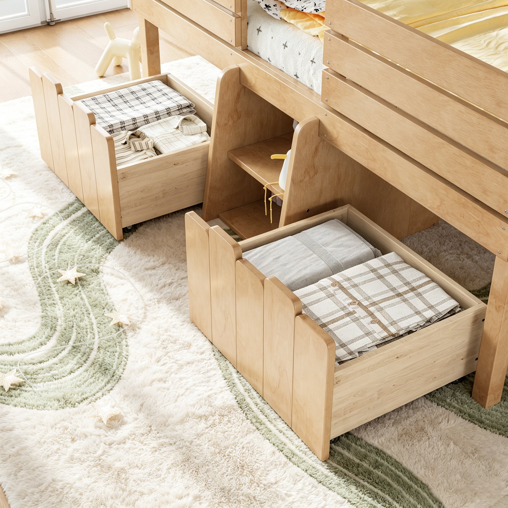 HOQBN House Loft Bed Twin Size,Low Loft Bed with Stairs and 2 Big Storage Drawers,Farmhouse Style Bed Frame with House Shaped Roof,Natural