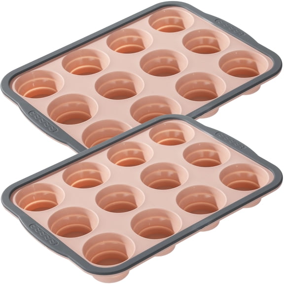 2 Pcs Silicone Muffin Pan Set, 12-Cup Food-Safe Non-Stick Baking Mold with Easy-Grip Handle, Oven & Dishwasher Safe Bakeware, Ideal for Homemade Mini Quiches, Pudding and Cupcakes (Pink)
