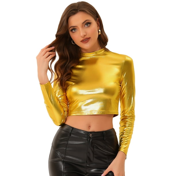 Allegra K Women's Metallic Mock Neck Long Sleeve Party ClubWear Crop Top  Gold XL
