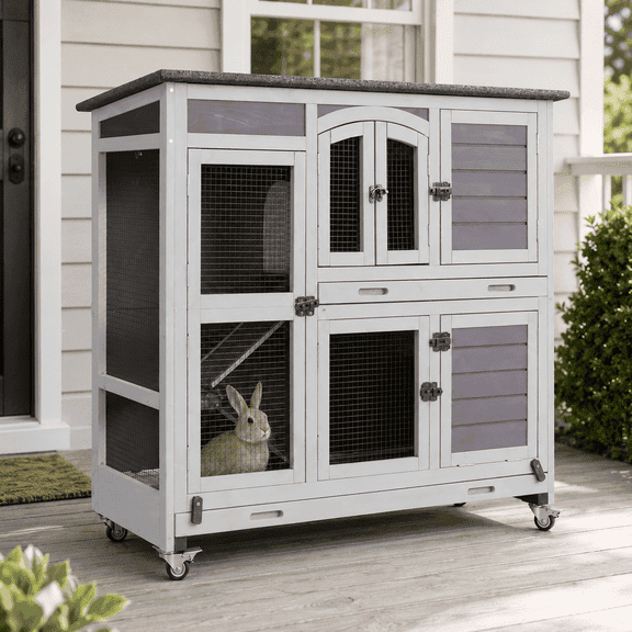 Aivituvin Wood Rabbit Hutch Bunny Cage with Wheel, Two Layer Guinea Pig House for Outdoors & Indoors