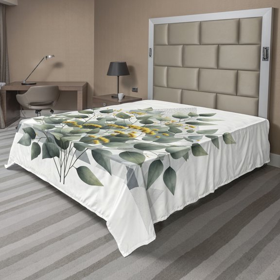 Ambesonne Eucalyptus Leaves Flat Sheet, Branch Triangle, Queen Size, Laurel Green White