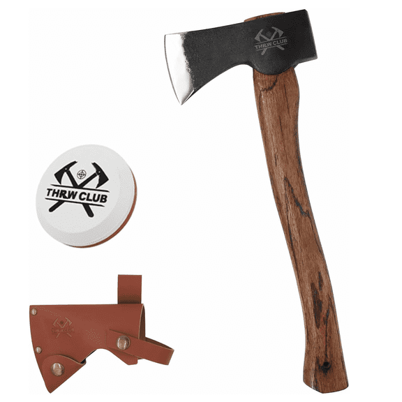 THRWCLUB 15.7" Camping Hatchet, Hand Forged 1065 Carbon Steel Wood Axe with Wooden Handle, Bushcraft Camp Axe with Sheath & Sharpener