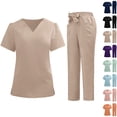thumbnail image 2 of Bosfbaoi Women's 2 Piece Scrub Set Nursing Uniform Sets V-Neck Puff Sleeve Top Multi-Pocket Straight Leg Pants Medical Uniform, 2 of 6