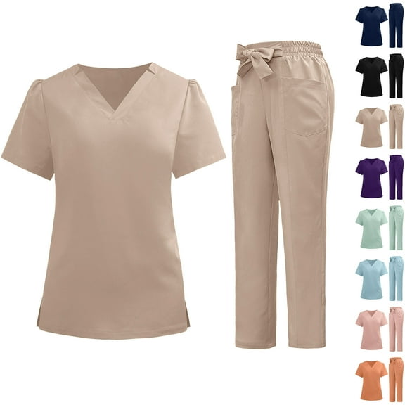 BiZtdJrK Jogger Scrub Sets for Woman Lightweight Athletic Nursing Uniform V Neck Short Sleeve Tops and Drawstring Pants 2 Piece Outfits with Pockets Birthday Gift Black S