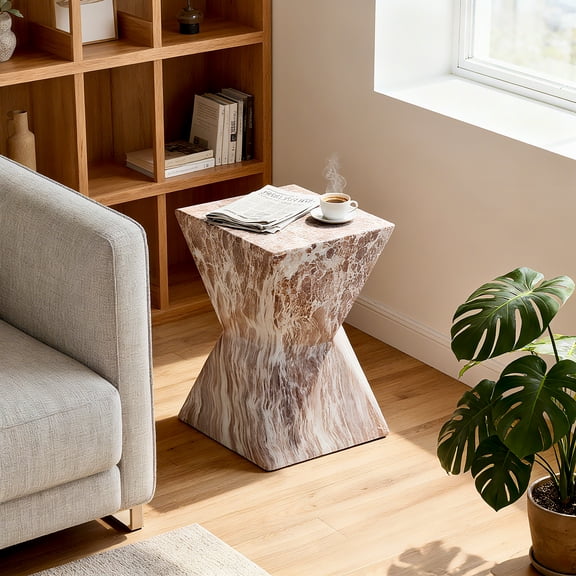 mdj pottery Outdoor Side Table - 18.3" MgO & Glass Fiber Patio Side Table, Faux Marble Accent Table, Weather Resistant End Table for Balcony, Porch, Living Room (Brown)
