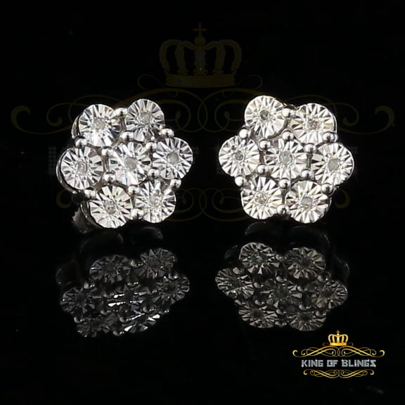 King of Bling's 0.05ct Diamond 925 Sterling Silver White Floral Earrings For Men's / Women's