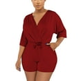 thumbnail image 2 of Sakmal Dressy Rompers for Women Short Sleeve Red V Neck Drawstring Short Jumpsuits Solid Rompers with Pockets, 2 of 5