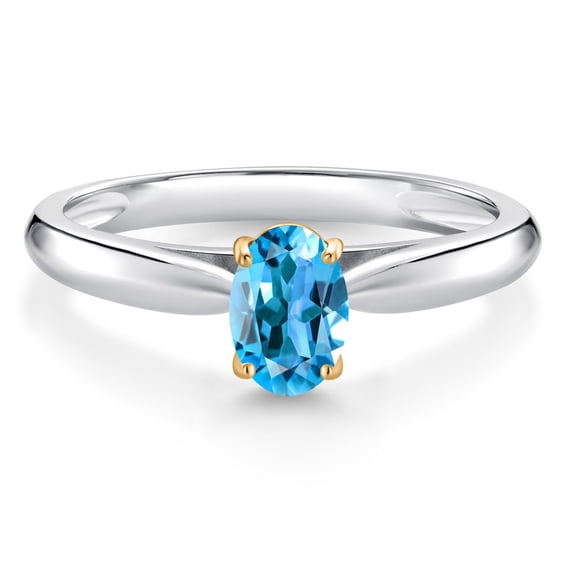 Gem Stone King 0.55 Ct Oval Swiss Blue Topaz 925 Silver and 10K Yellow Gold Solitaire Engagement Ring (Size 6)