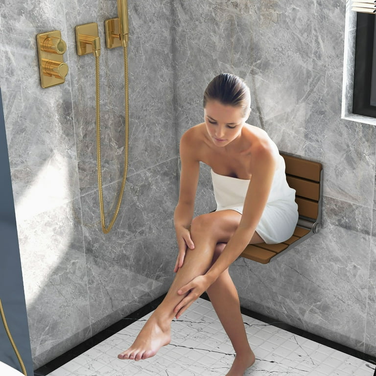 Gymax Waterproof HIPS Foldable Shower Bench Wall Mounted 16 x14 Versatile Seat Brown