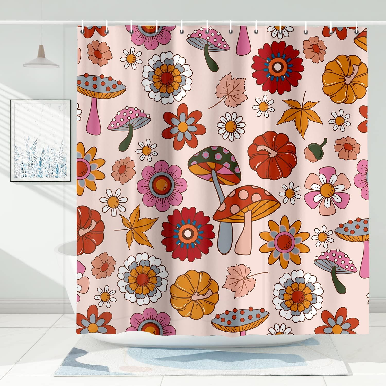 Retro Sun Flower Shower Curtain, Vintage Hippie Funky 70s Sun Flowers Shower Curtains for Bathroom Decor, Boho Colorful Floral Shower Curtain Set with 12 Hooks, 72X72in