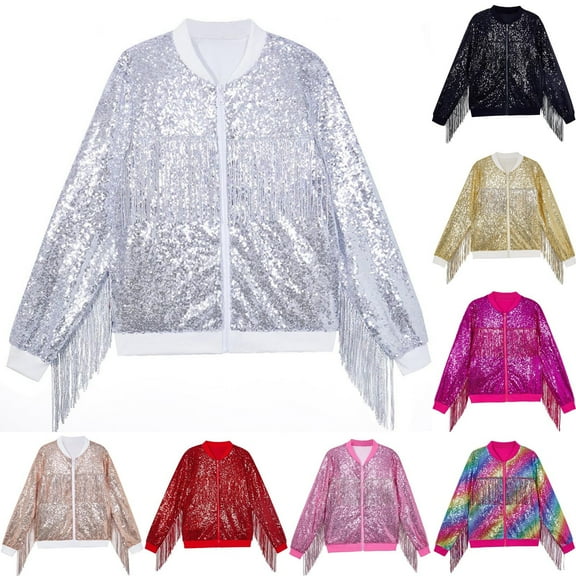 Avtoify Girls Jacket Casual, Girls Fall Jacket Lightweight Leisure, 3-10 Years Old Children's Fashion Solid Color Fringed Sequin Zip Long-Sleeved Hooded Leisure Jacket