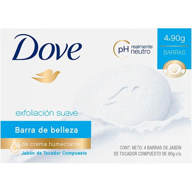 Dove Jabón de Tocador Exfoliante con Glicerina y Vitamina E, 12 Paquetes de 4 Barras de 90 g c/u