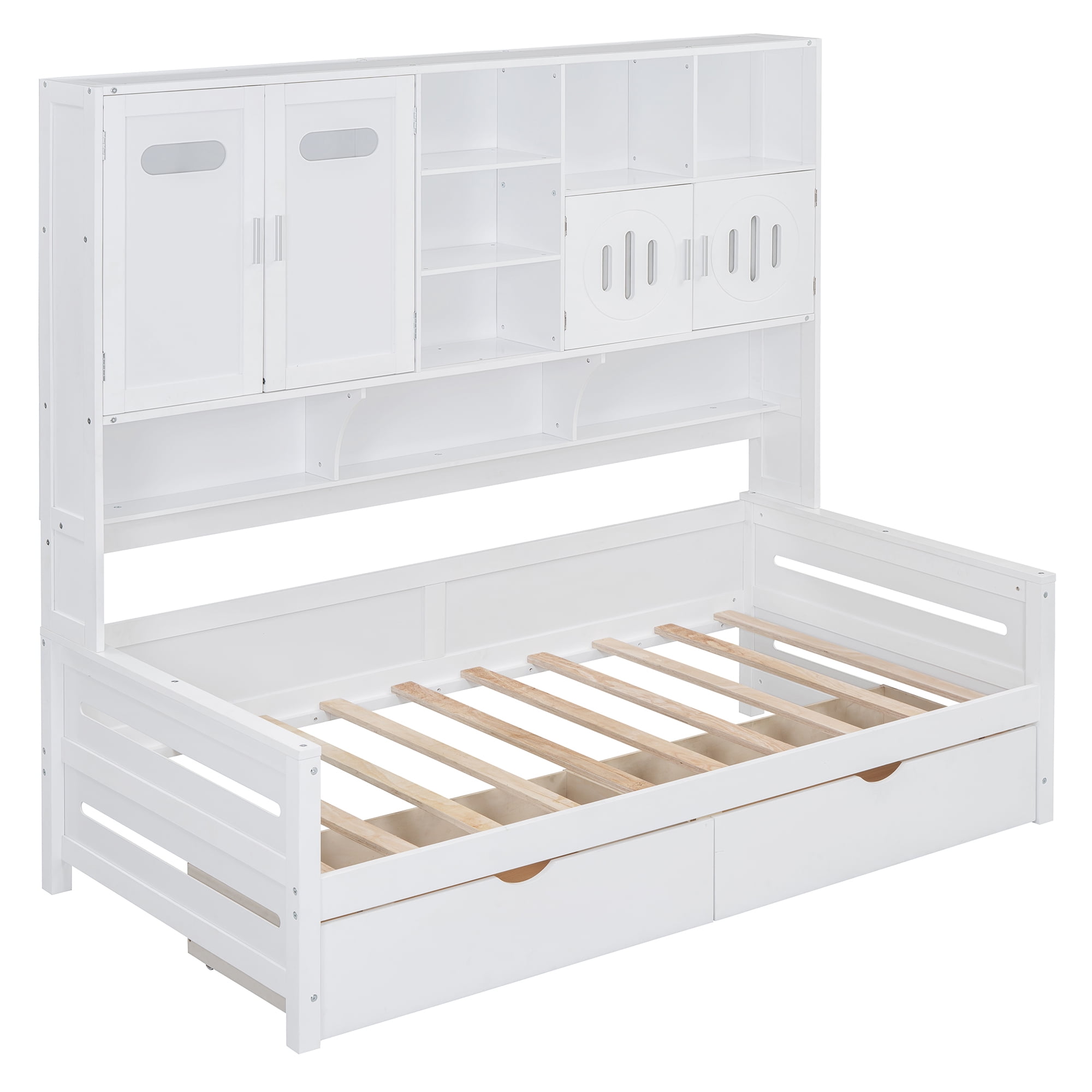 Mintazer Twin Platform Bed with Side Bookcase & 2 Drawer and 2 Cabinets, All-in-One Wood Storage Daybed Frame for Kids Teens Bedroom Guest Room, White