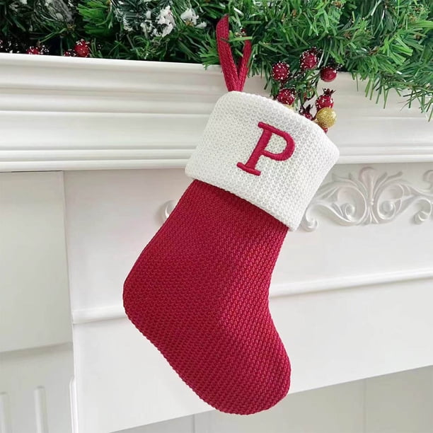 Seyotauo Christmas Stockings with Initials, Embroidered Xmas Stockings, 7" Large Knitted Xmas Stocking, Christmas Party Fireplace Family Hanging Stocking Decorations