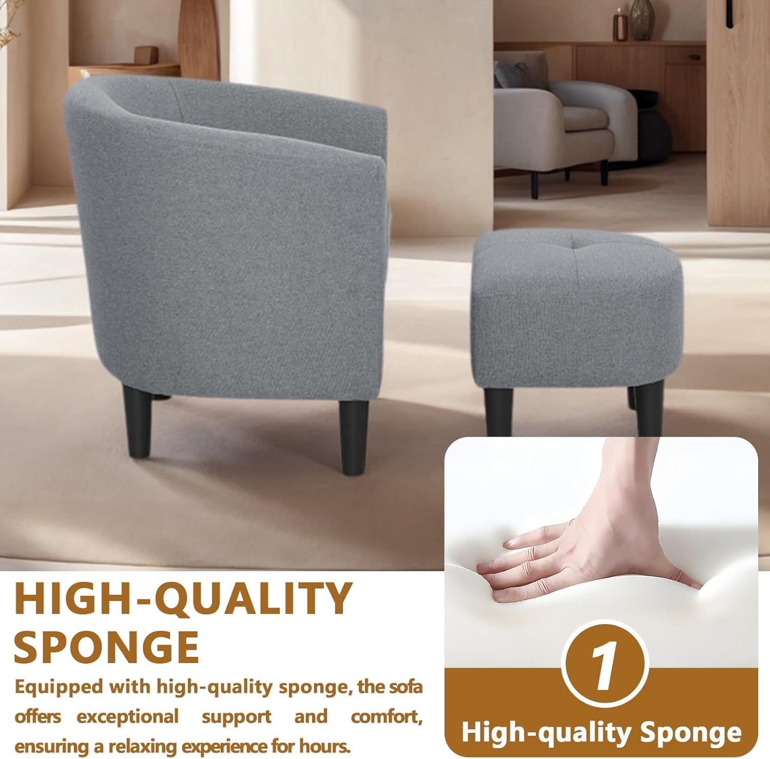 AENKYO Mid-Century Modern Accent Chair with Ottoman - Barrel Armchair & Footrest Set, Comfy Ergonomic Design for Living Room, Bedroom, Home Office - Grey