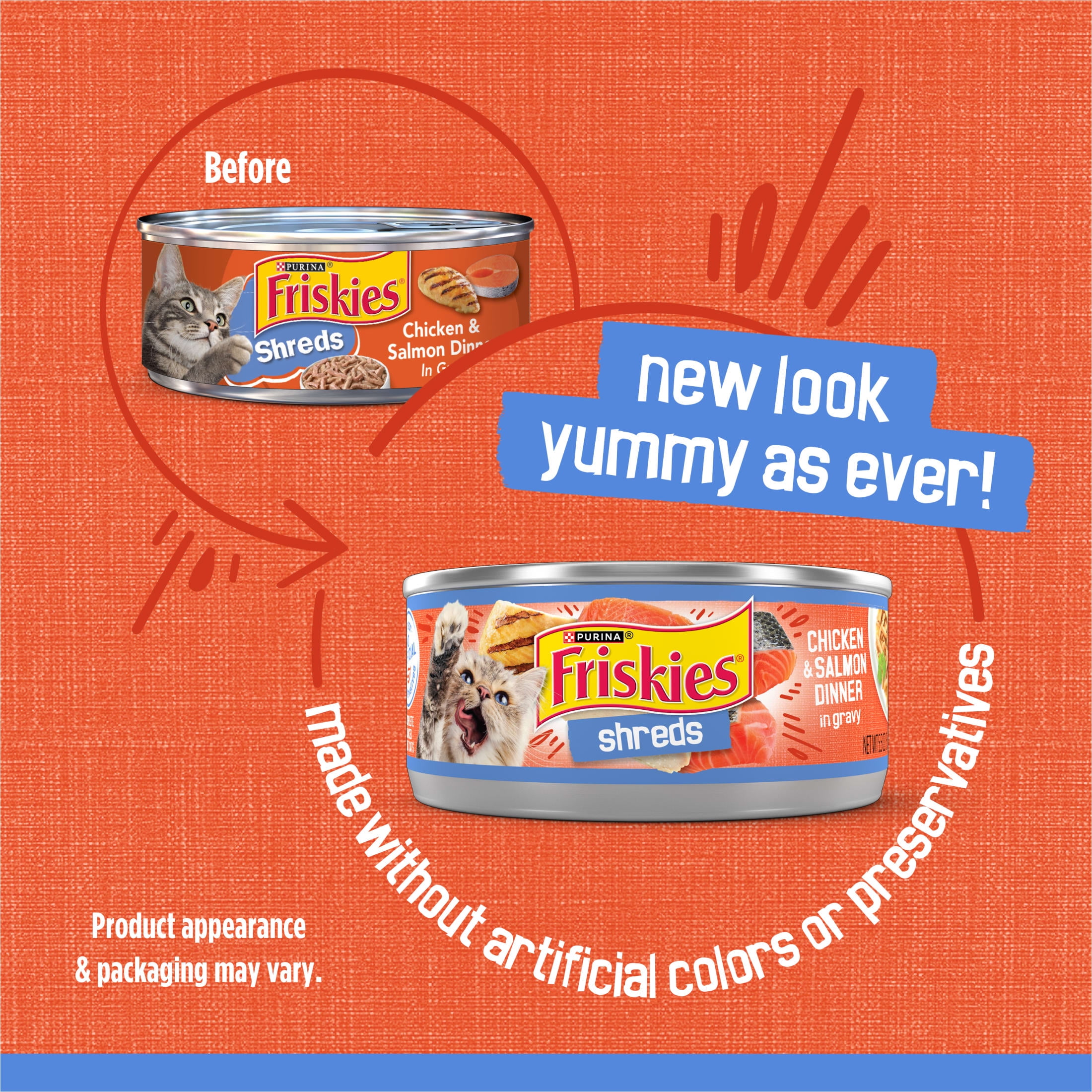 (24 pack) Purina Friskies Shreds, Chicken and Salmon Dinner in Gravy, Wet Cat Food, 5.5 oz Can
