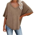 thumbnail image 4 of JGGSPWM Women's V-Neck Batwing Half Sleeve Waffle Knit Loose Solid Color Blouse Tops Khaki L, 4 of 7