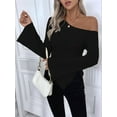thumbnail image 2 of Women'S Y2K One Off the Shoulder Fitted Knit Top Asymmetrical Bell Long Sleeve Top Black XXL, 2 of 5