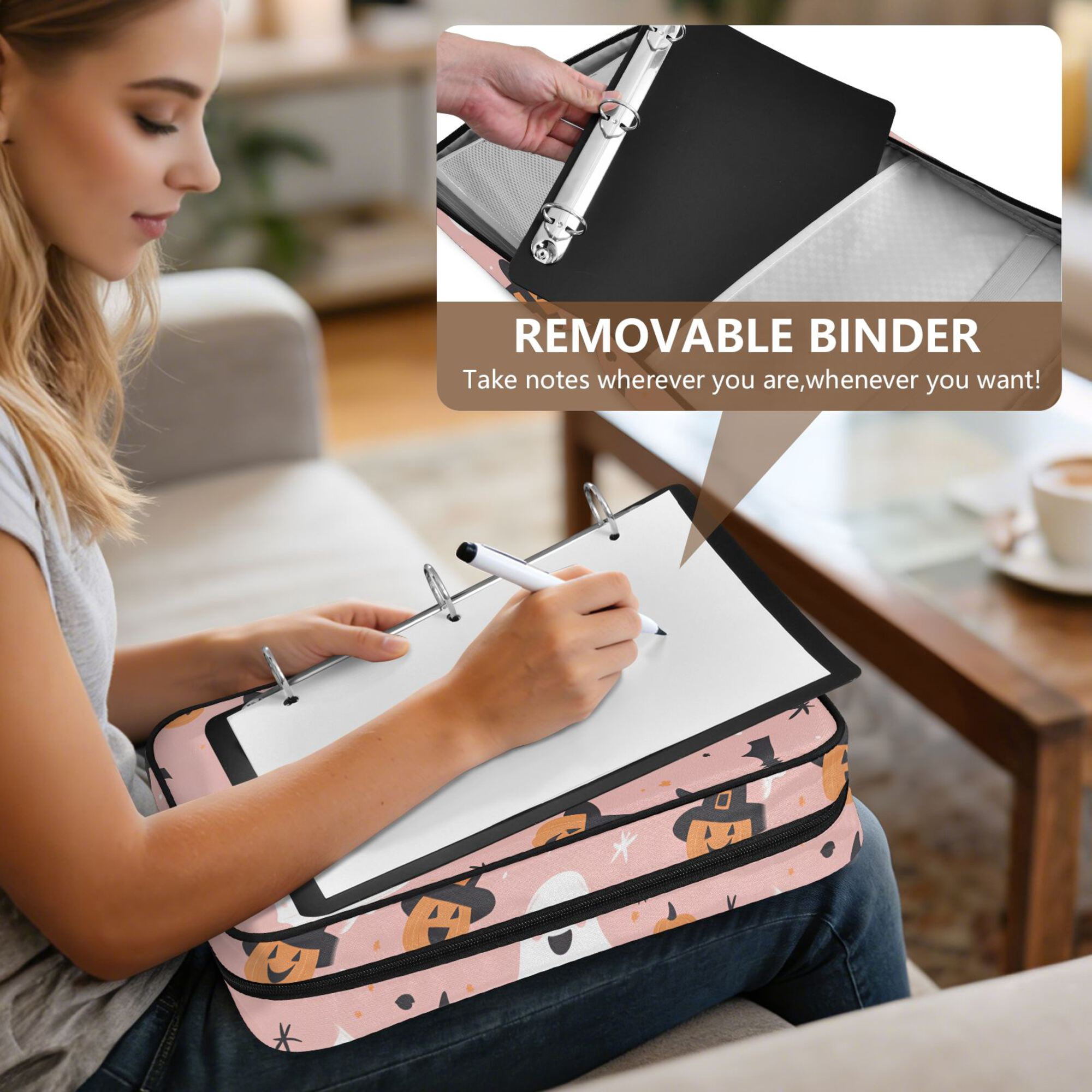 FORMRS Accordion File Folder A4 Size 7-Pocket Expanding Document Organizer Bag with 3 Ring Binder, Pastel Pink Halloween